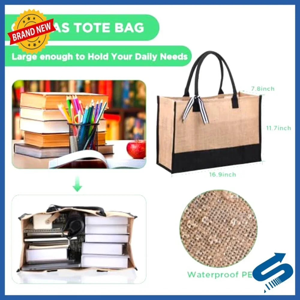 Large Jute Tote Bags Set Natural Canvas Reusable Grocery Beach Travel DIY